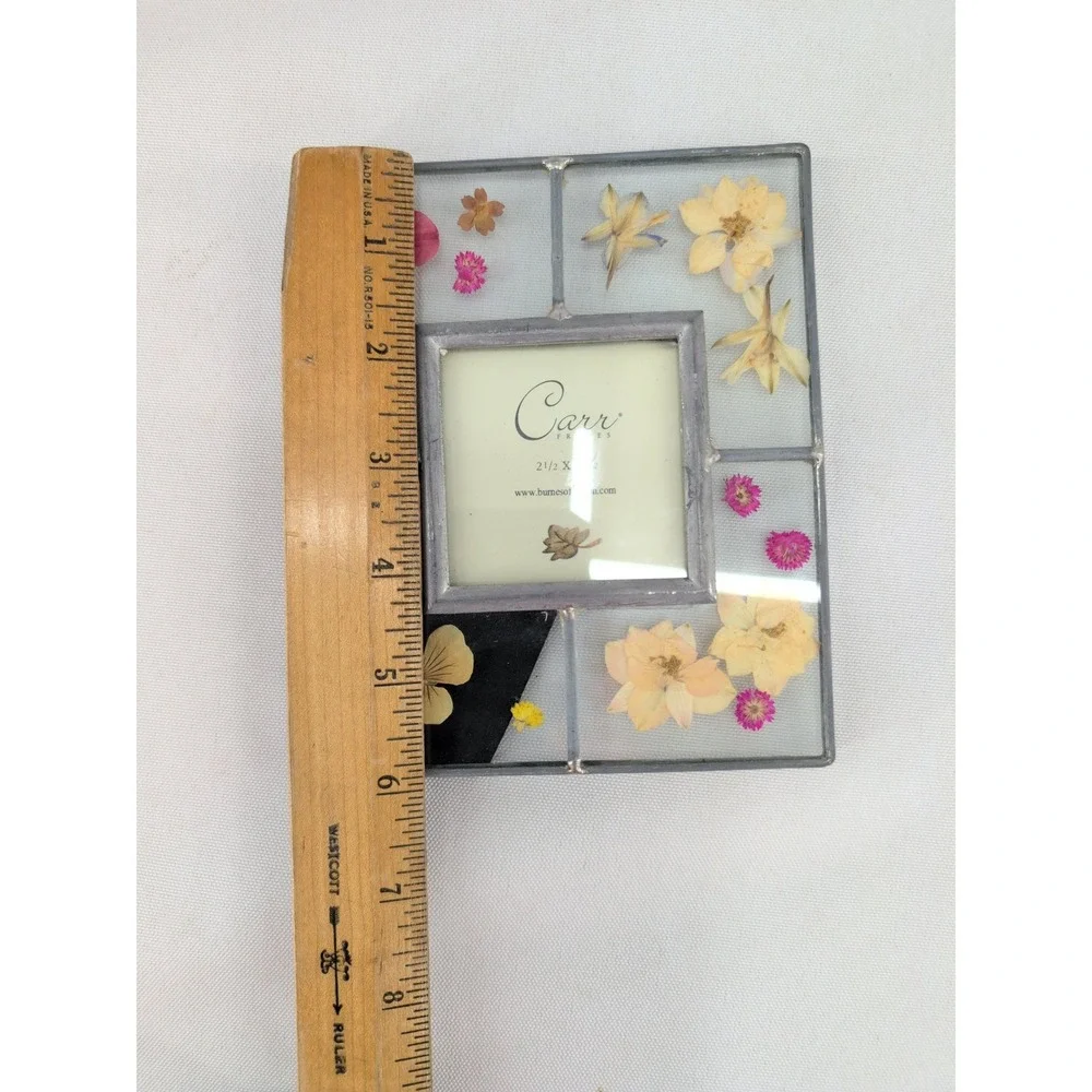 vtg Carr Frames Leaded Glass Picture Frame Silver Pressed Flowers 1999 2.5x2.5